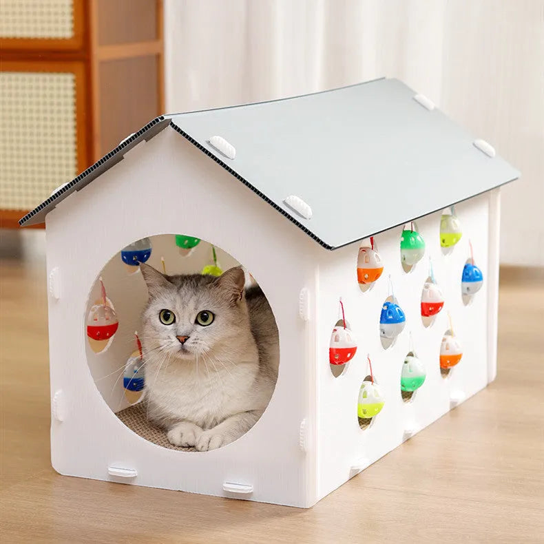 Grey and beige 3-in-1 cat activity centre with sisal scratch pad, round felt nest, and tunnel with dangling bell ball