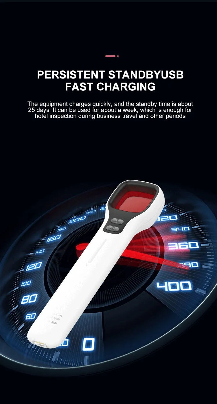 Black anti-theft anti-surveillance detector with USB charging port, dimensions 130x31x13mm