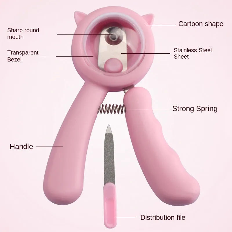 Blue and pink professional stainless steel nail clippers for pet dog and cat claw grooming.