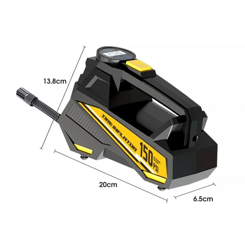 Black portable digital tyre inflator with display and LED light, connected to a car tyre valve.