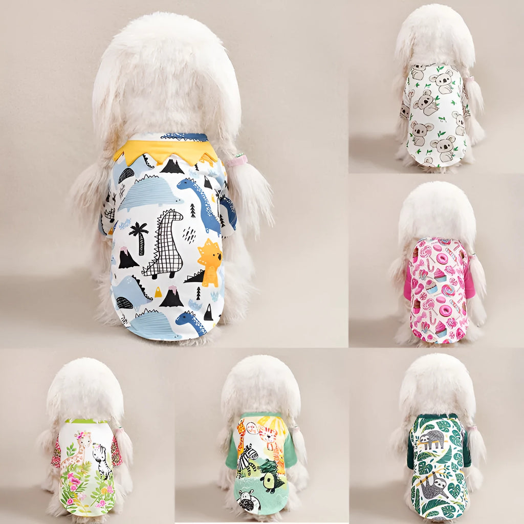 Small dog wearing a colourful printed polyester t-shirt, showing the casual fit and full-body design.