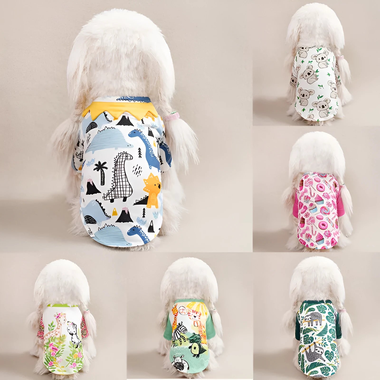 Small dog wearing a colourful printed polyester t-shirt, showing the casual fit and full-body design.