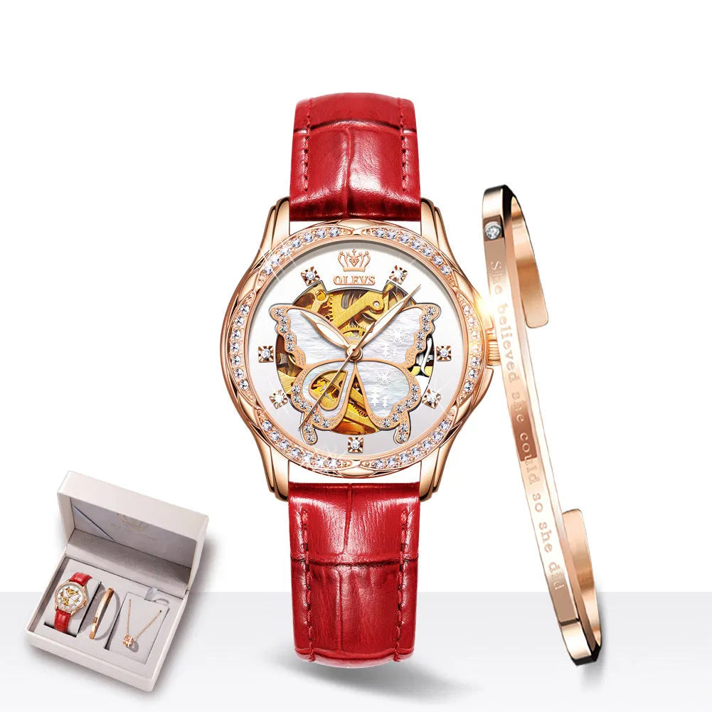 Ladies automatic mechanical watch gift box set with luminous digital display, 35mm dial, and flat top tapered crown on a white rose shell design.