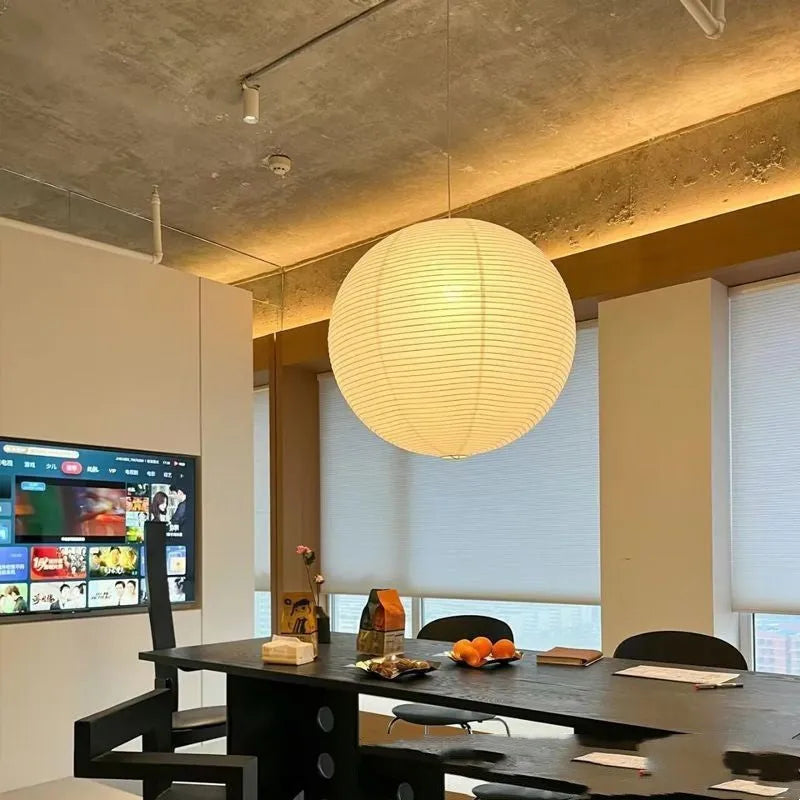Beige tissue paper lampshade chandelier with black line, 60cm diameter, iron body, warm LED light