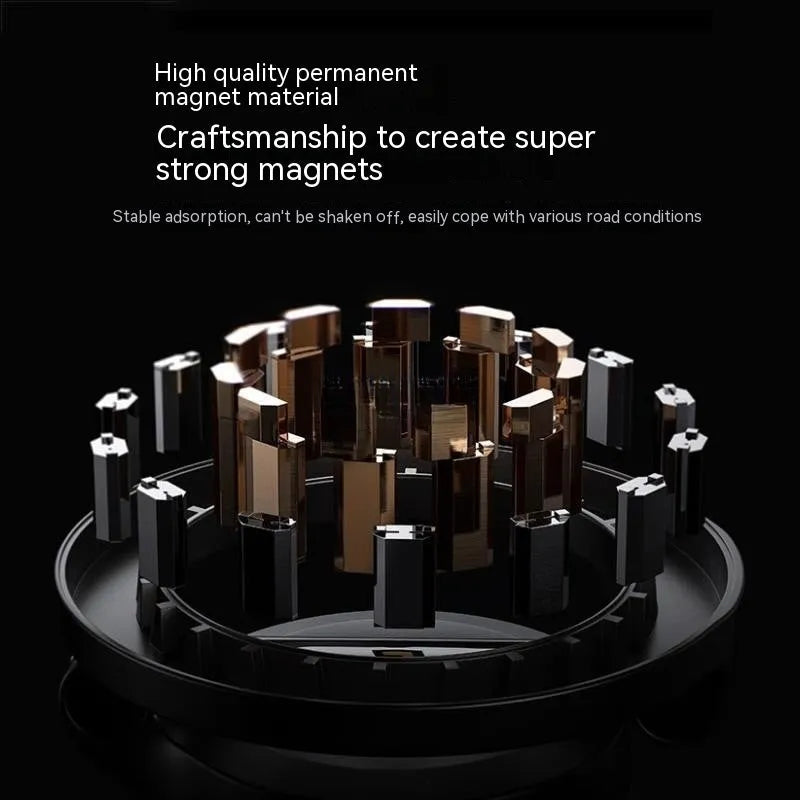 All-metal foldable magnetic car phone mount in Qian colour on a car dashboard.