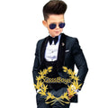 Boys' three-piece suit set in polyester fibre, including jacket, vest, and trousers, available in multiple colours and sizes from 3T to 16T.