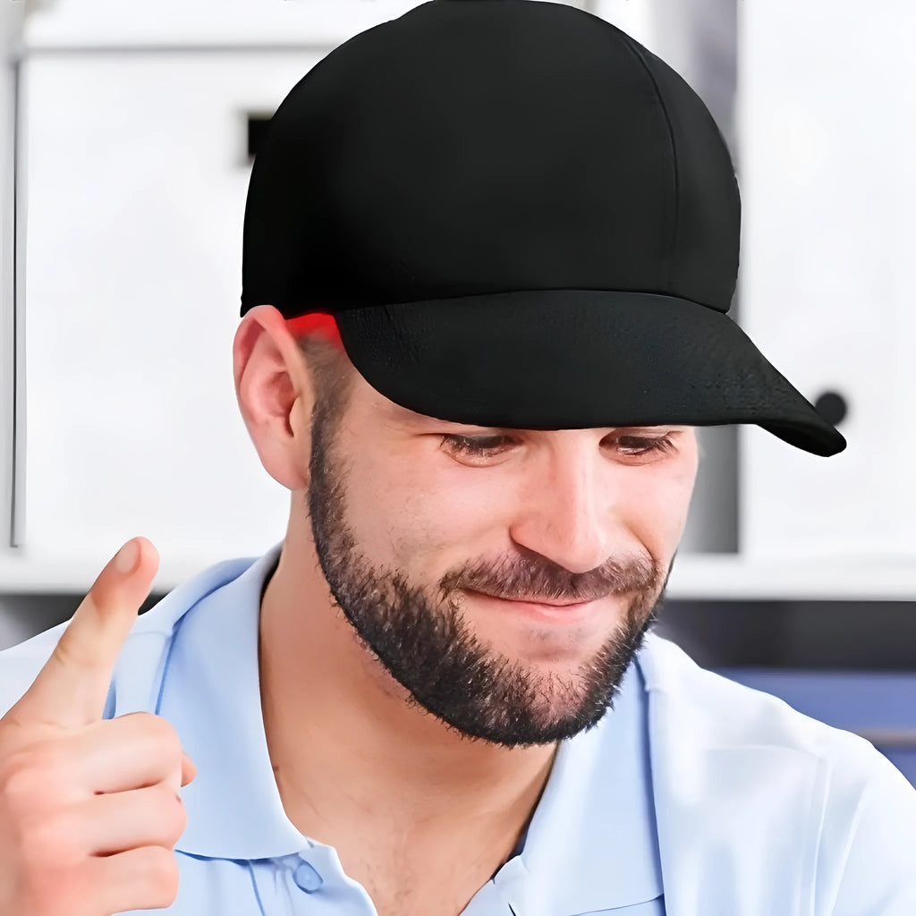 Black infrared peaked cap hair growth device with 180 LED red light panels and controller