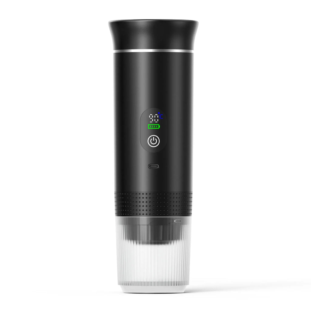Portable capsule coffee machine with LCD display in Nordic design for car and travel use