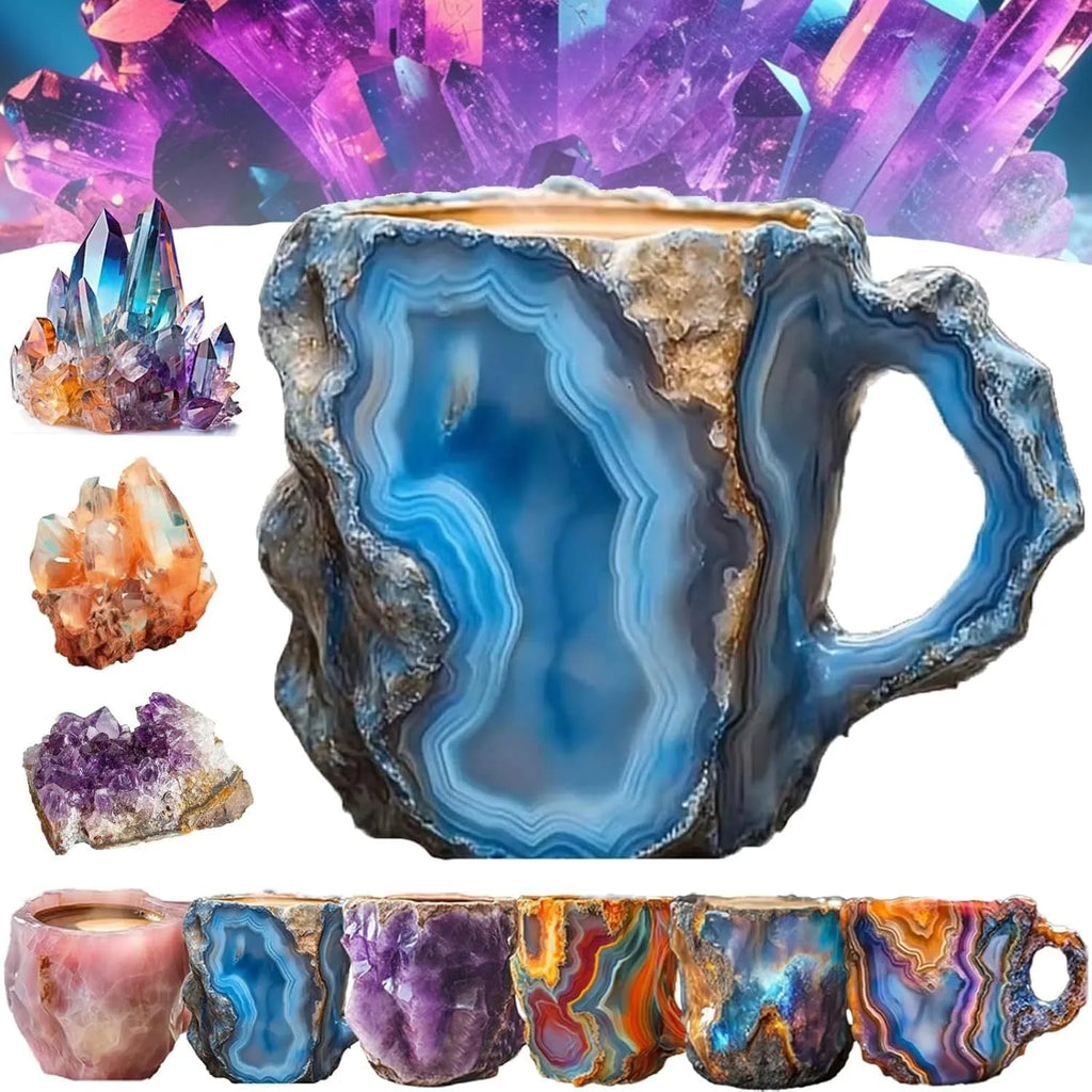 A purple resin coffee mug with a handle, showing a crystal-like structure, on a table.