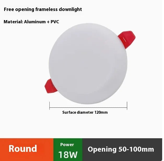 Ultra-thin circular and square aluminium LED panel ceiling lights showing white light.