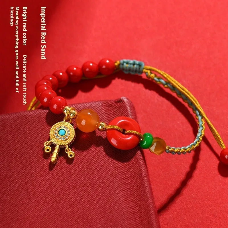 Red cinnabar bracelet with hand-woven geometric peace buckle in national style