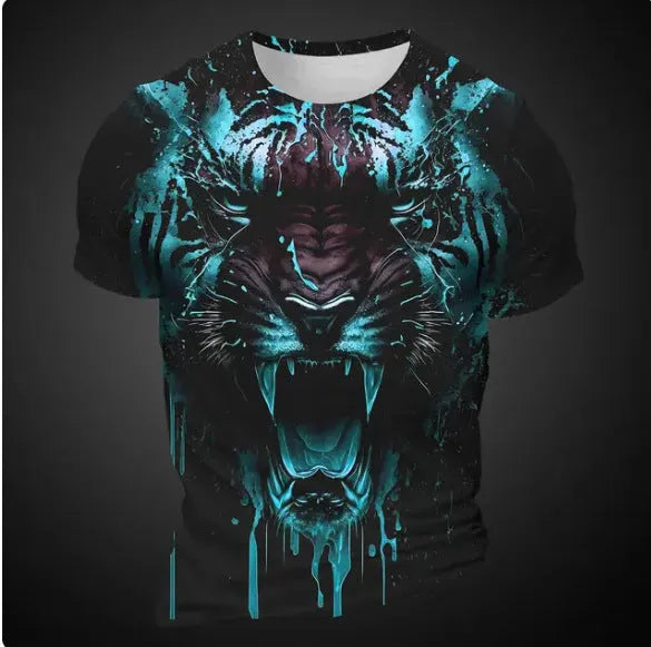 Men's 3D tiger pattern short sleeve polyester T-shirt on mannequin showing digital printing detail