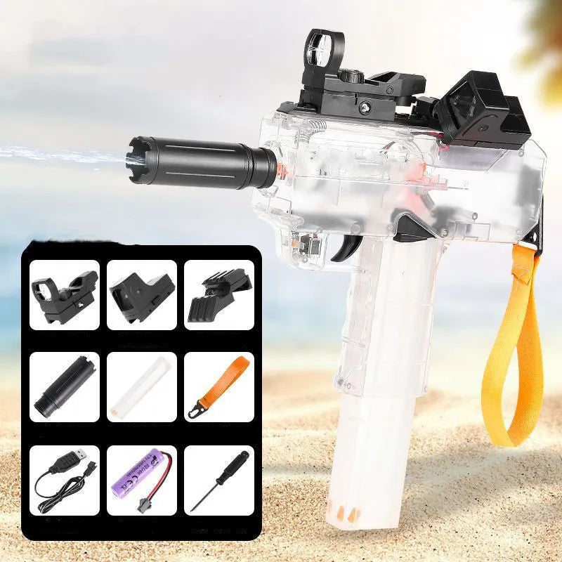 Uzi style electric water gun toy with transparent blue plastic body and attached holographic sight