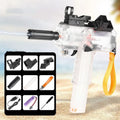 Uzi style electric water gun toy with transparent blue plastic body and attached holographic sight