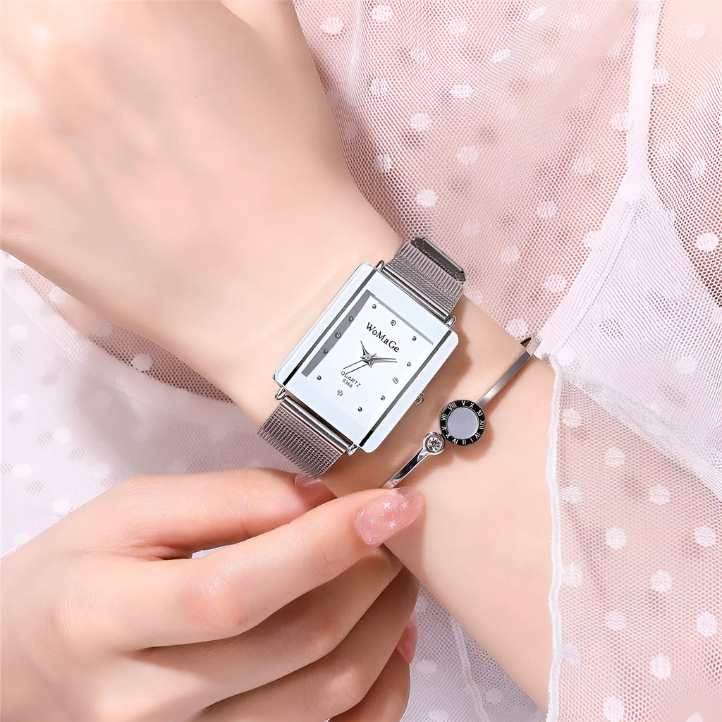Rectangular dial couple watches in black and white, 9mm thickness, simple fashion style