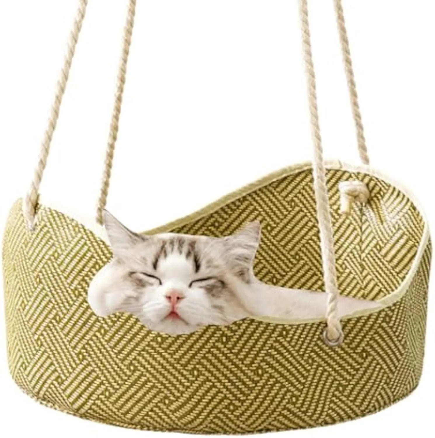 Green rattan cat hammock with metal hooks hanging from a shelf