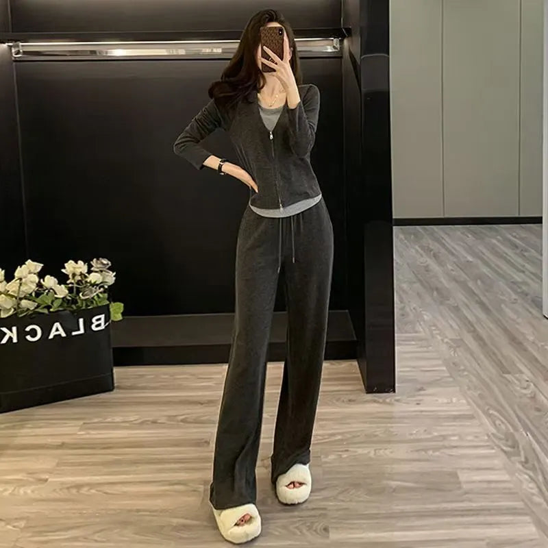 Women's casual sportswear suit solid colour long sleeve top and trousers autumn Japanese Korean style