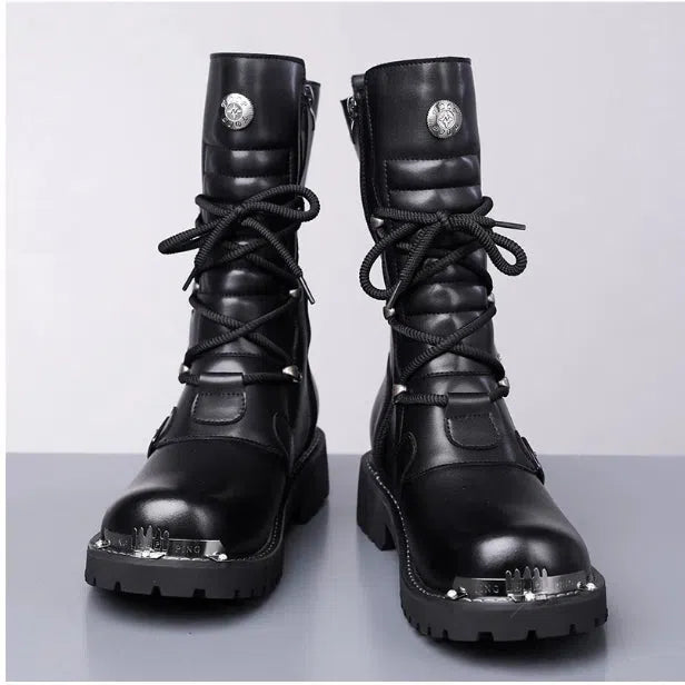 Men's black vintage high-top riding boots with side zipper, round toe, and suede finish over rubber sole