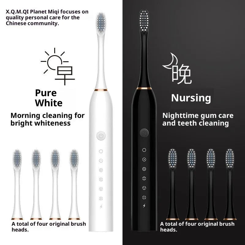 Rechargeable electric toothbrush with soft bristles, USB power, 8 brush heads and travel box in X3 Black, Pink or White