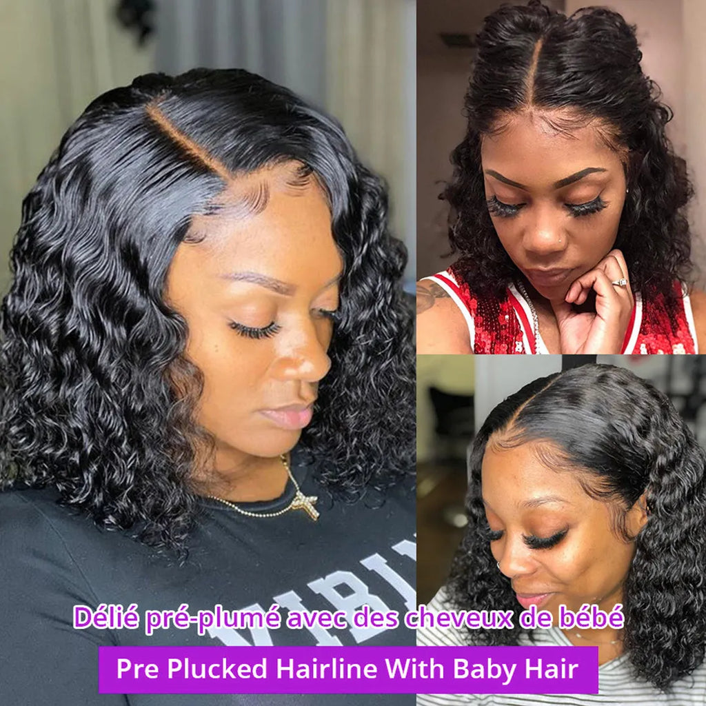 Deep wave lace front human hair wig 13x4 transparent curly bob with baby hair Brazilian hair