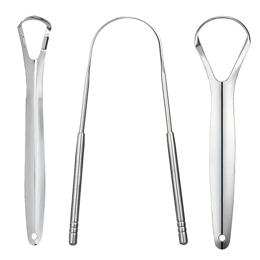 Stainless steel tongue scraper set with large opening U-shaped, small opening U-shaped, and spoon type scrapers in pearlescent bag packaging