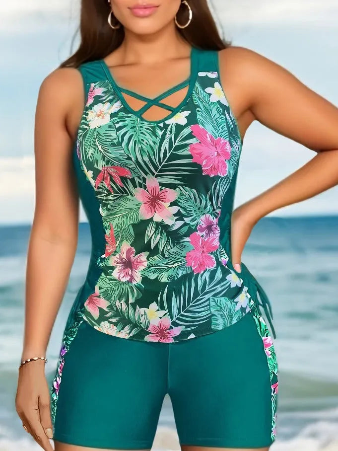 Plus-size woman in a high-waist floral print bikini with a backless design.