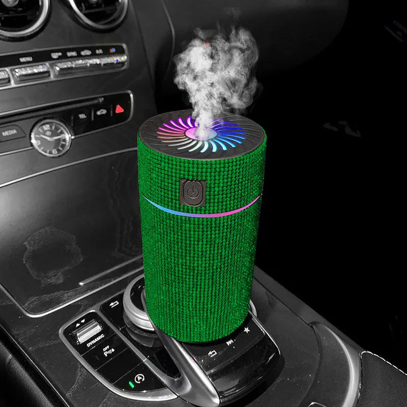 Car-mounted air purifier humidifier unit showing compact design and USB power connection