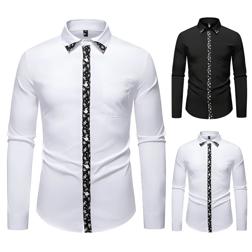 Men's white and black polyester cardigan shirt, long sleeve slim fit, sizes S to 2XL