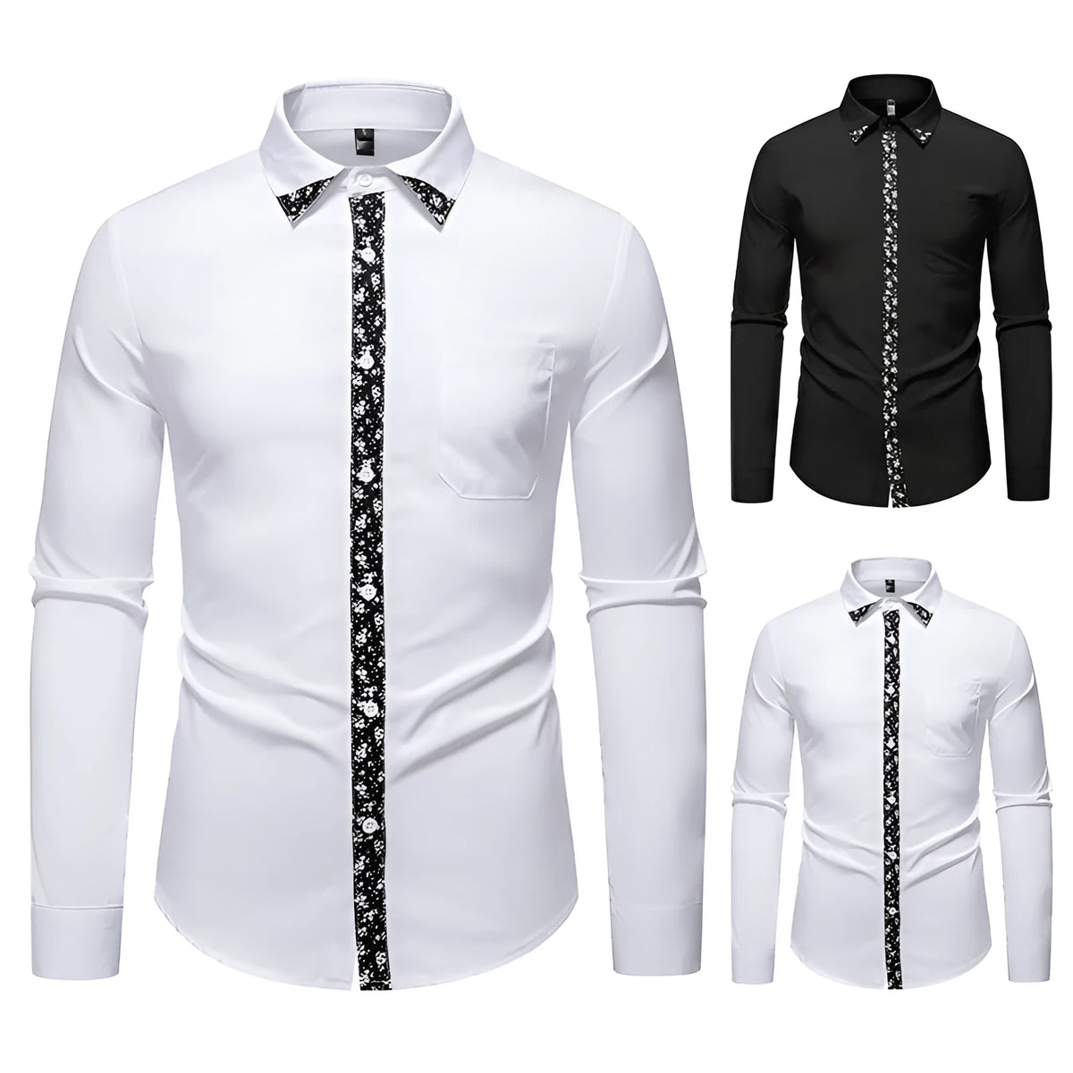 Men's white and black polyester cardigan shirt, long sleeve slim fit, sizes S to 2XL