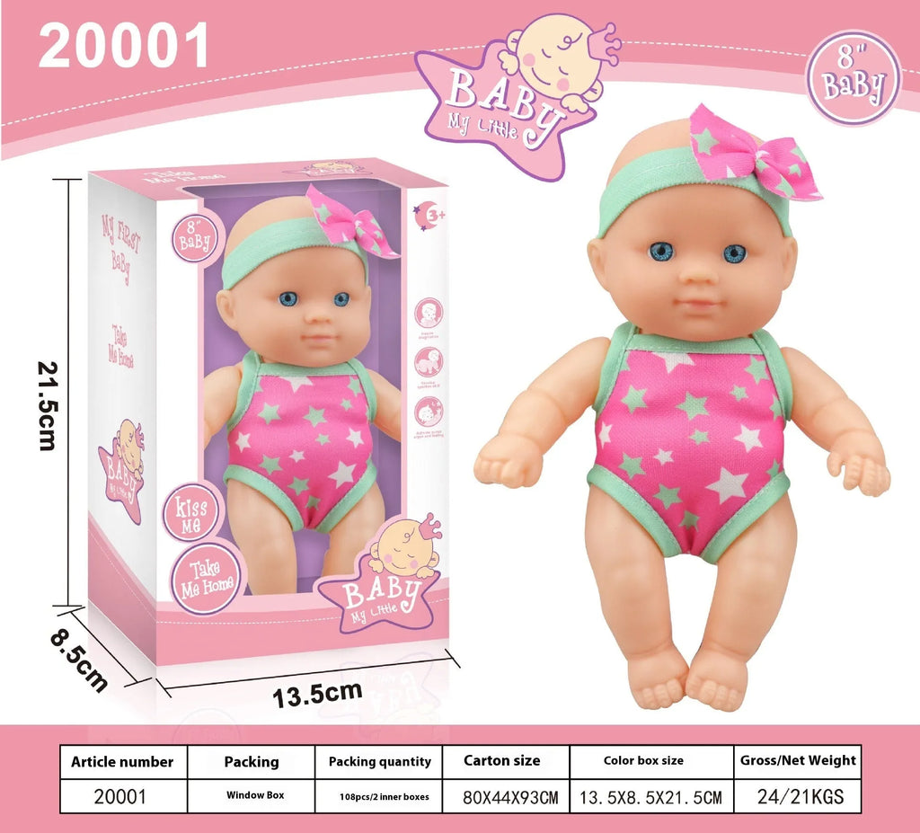 Vinyl baby figurine doll in presentation box, 21.5 cm tall, available in six colours.