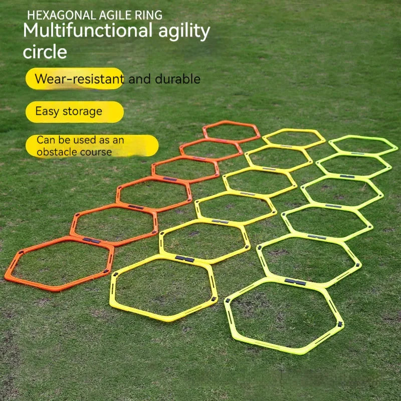 Set of six foldable hexagonal football agility training rings in yellow, green, and orange colours.