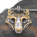 Wolf head titanium steel gold electroplated pendant with snake chain, Viking style, 3.8x4.7 cm