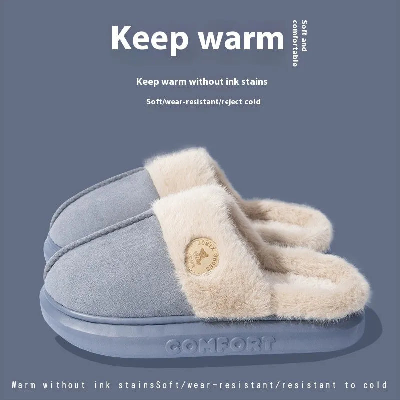 Plush fleece indoor winter slippers with thick PVC sole, shown in multiple colour options.