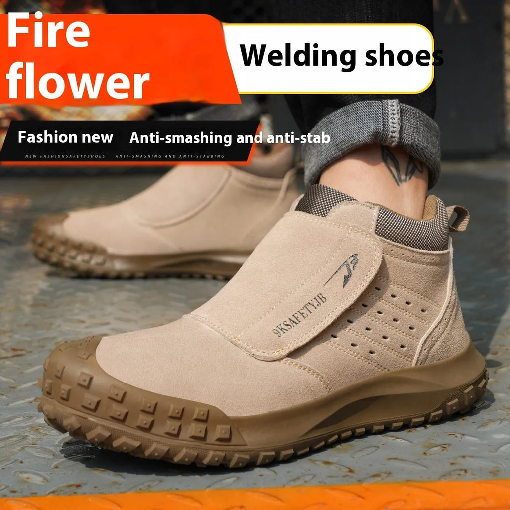 Steel toe cap welder protection shoes in sand colour with lace-up front and rubber sole.