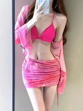 Women's blue high-waisted bikini four-piece set with shirt and skirt on a mannequin