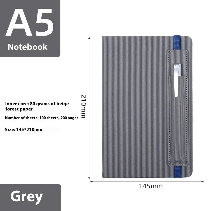 A5 faux leather notebook open with pen insert and strap, 200 pages, blue and black options