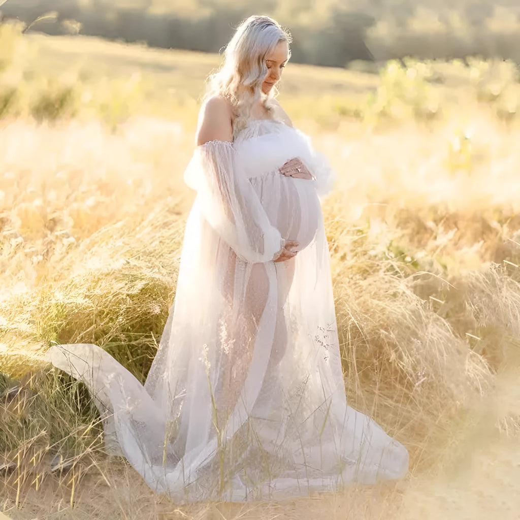 White dot mesh off-shoulder puff sleeve maternity dress with long skirt