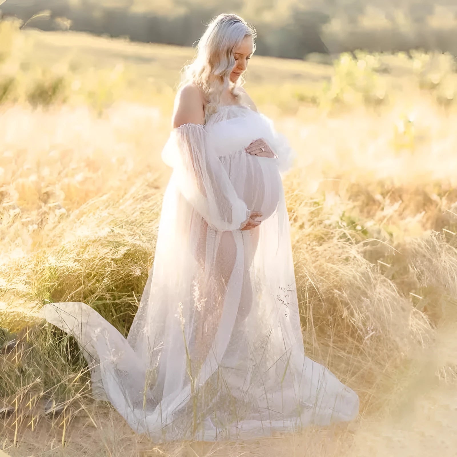 White dot mesh off-shoulder puff sleeve maternity dress with long skirt