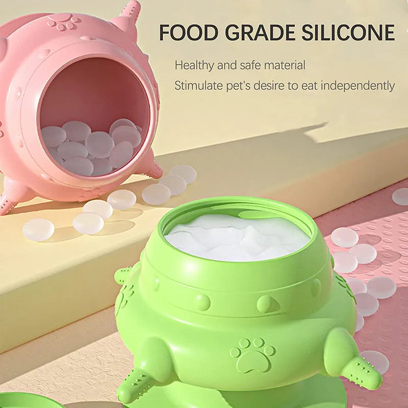 Pink silicone pet milk feeding bowl with bionic breast design and four teats.