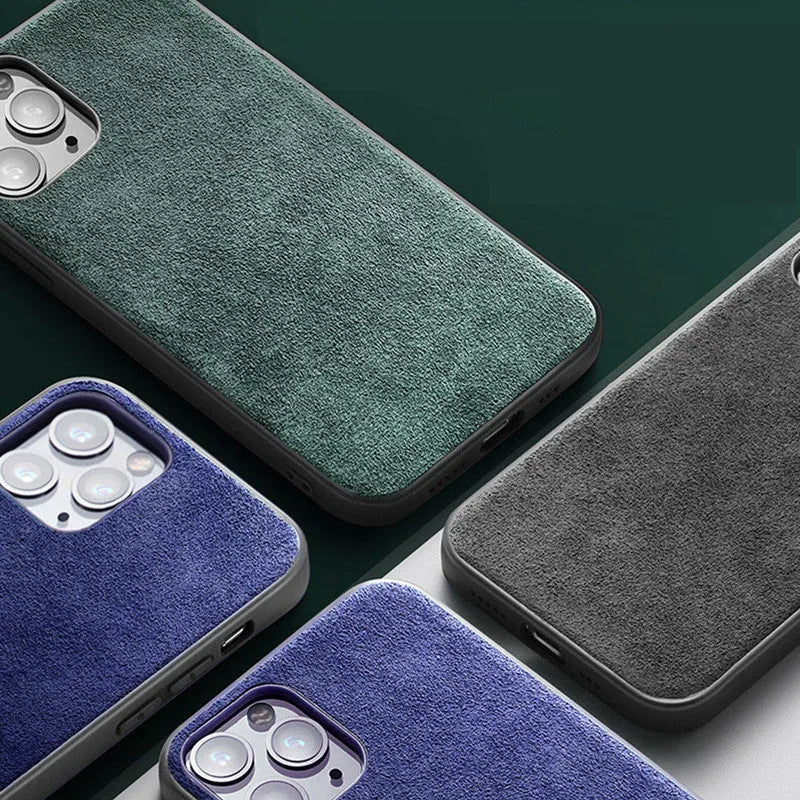 Suede back cover phone case for iPhone in elegant black, dark night green, and dark blue.