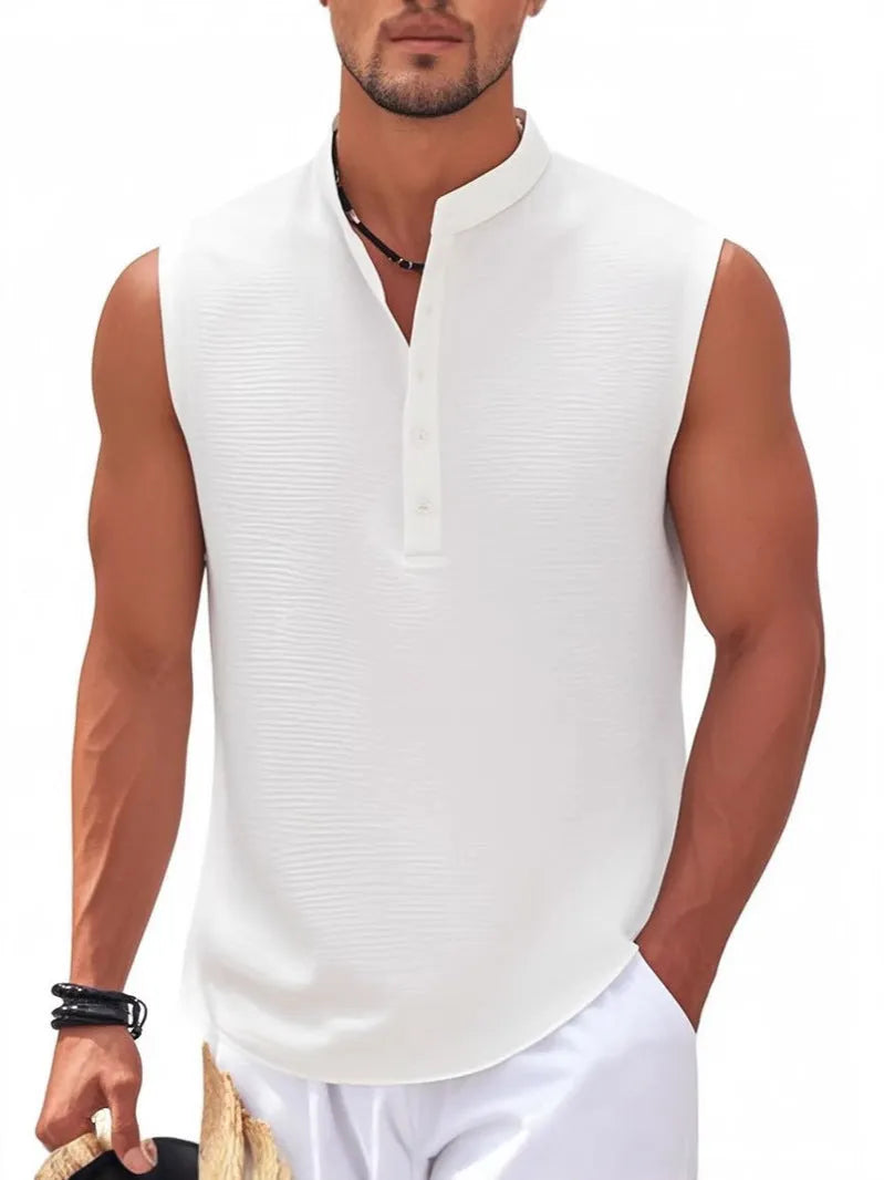 Men's stand collar sleeveless vest with striped jacquard pattern, round hem, in light gray colour, front view