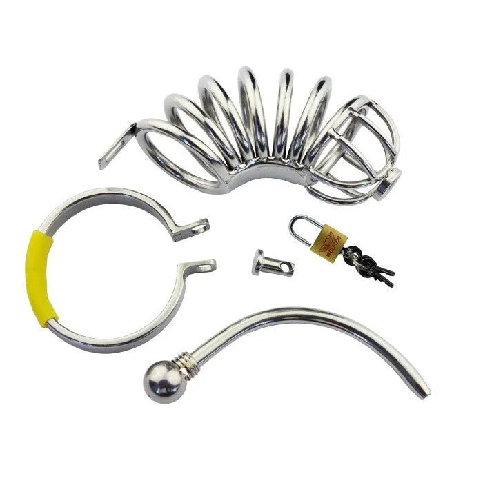 Male stainless steel chastity device with catheter and lock, available in multiple ring sizes from 38mm to 52mm