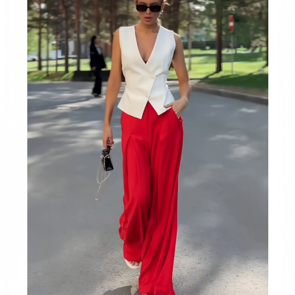 Women's deep V-neck sleeveless top and high waist wide leg pants two-piece set in beige polyester