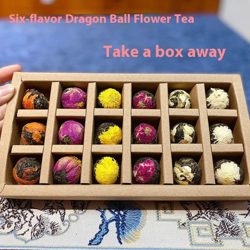Gift box of six flavor flower tea with 18 tablets including jasmine, lily, peony, yellow chrysanthemum, rose, and chrysanthemum