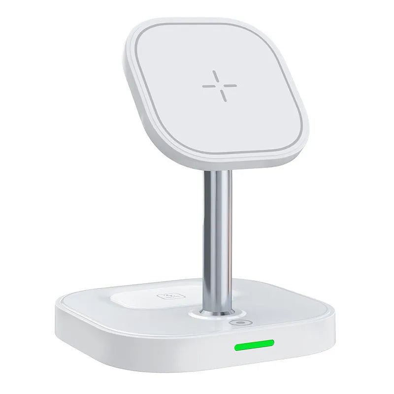 White magnetic wireless charger two-in-one stand with data cable on desk