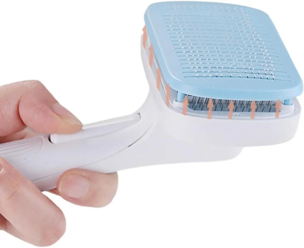 Automatic pet hair removal comb for dogs and cats in blue, showing one-click needle comb mechanism.