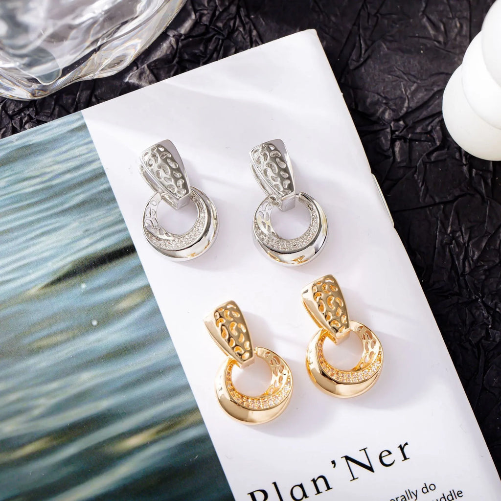Hollow round moon drop earrings with natural zircon inlay, gold and silver copper finish for women