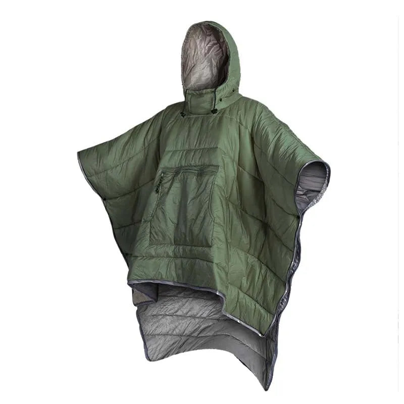 Outdoor cloak sleeping bag in Army Green or Grey, 200cm by 140cm nylon construction with hollow cotton filling