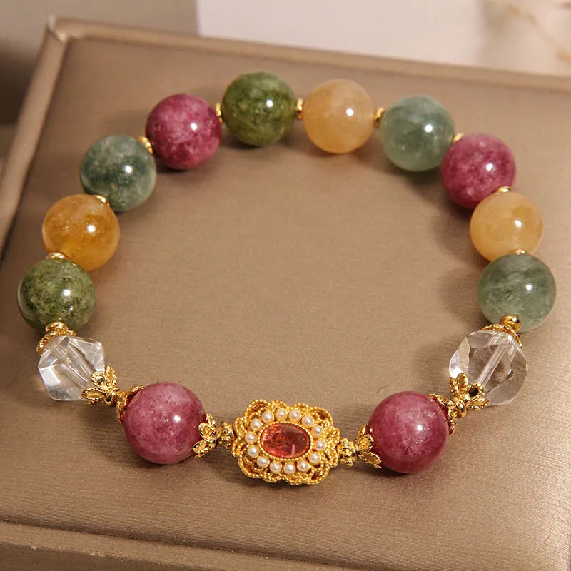 Jade colour tourmaline round bead bracelet for women on Pearl Crystal and alloy base with rhinestones.