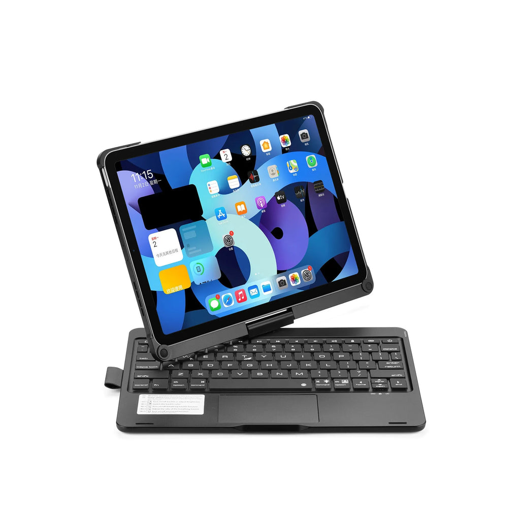 Black 360-degree rotating Bluetooth keyboard with backlit keys next to an iPad tablet.